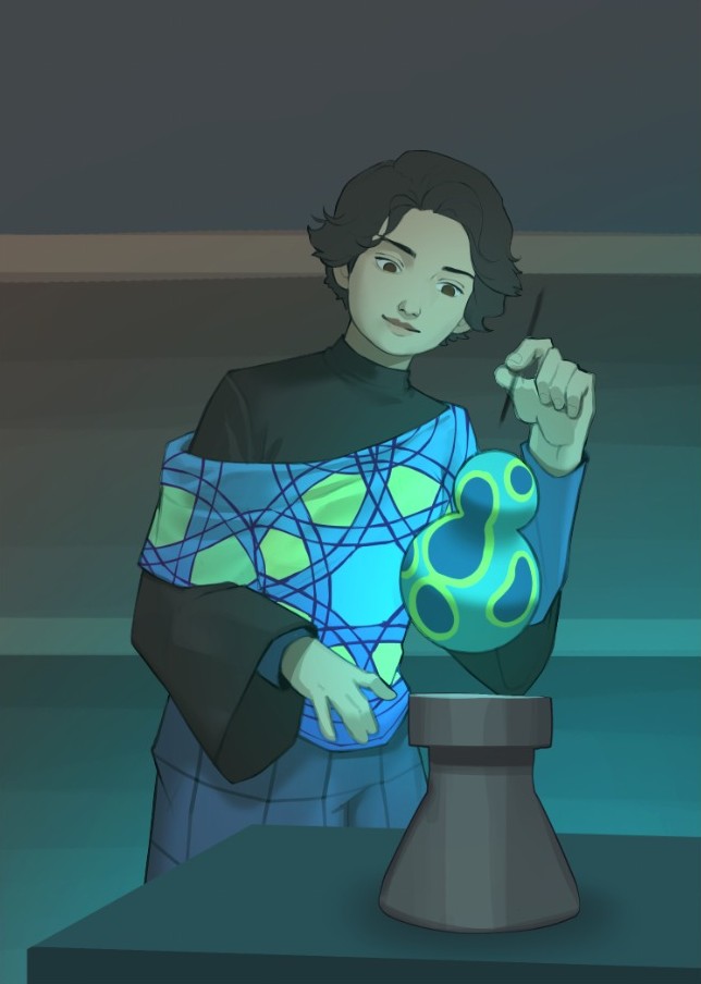 Illustration of Astrid painting a glowing blue-green shape above a vase